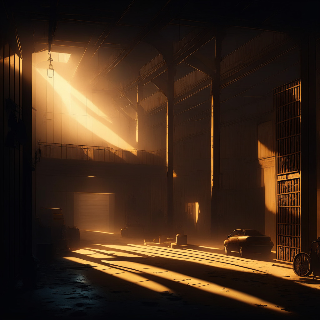 Mysterious crypto garage scene, Baroque style, lots of shadows, warm golden light, smoky atmosphere, enigmatic mood, rows of virtual addresses, subtly embedded blockchain elements, silhouettes of legitimate and illegitimate businesses, a vigilant eye in the background.