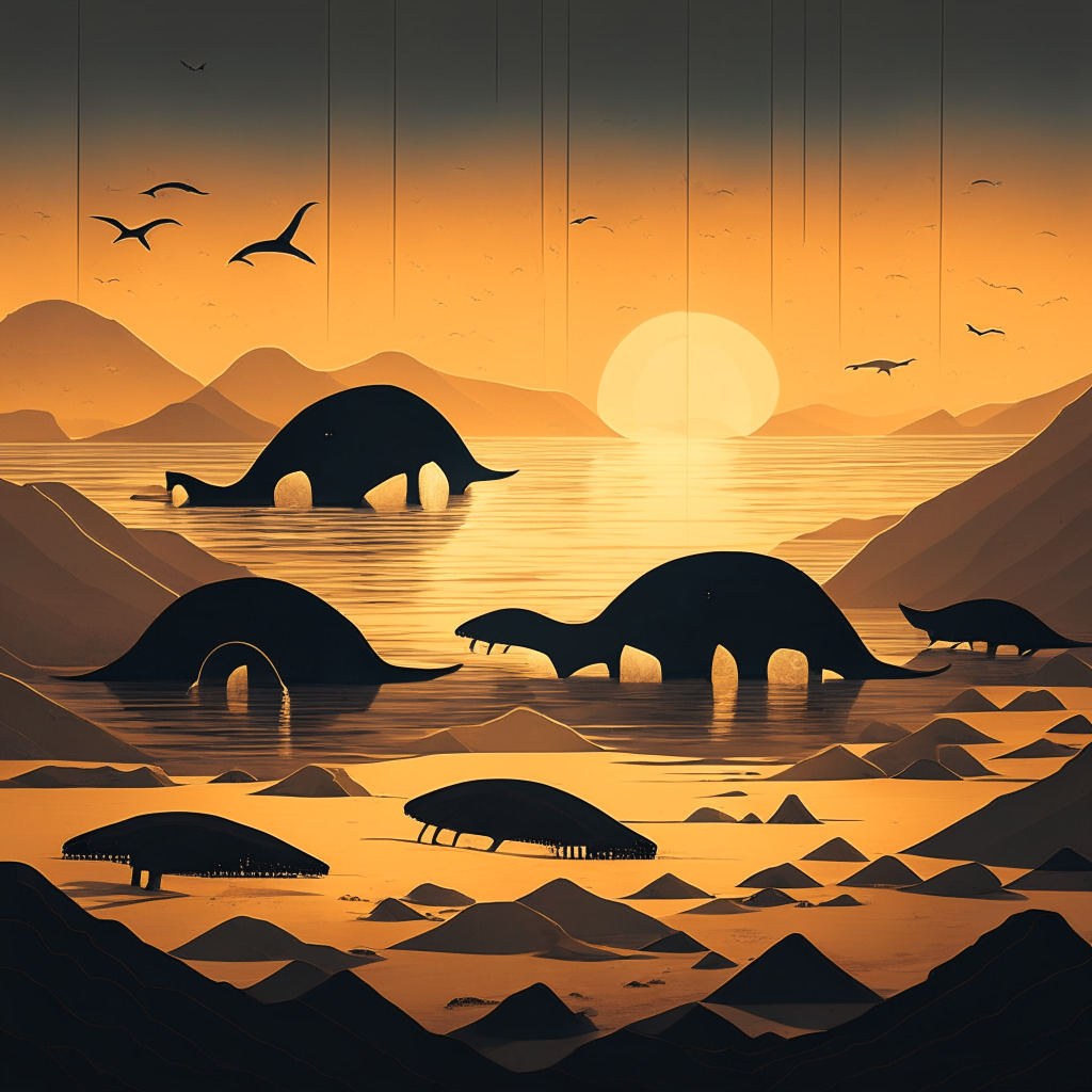 Eerie crypto landscape with hibernating whales, ancient gold mining tools, earthy tones, sunset-lit scene, subtle chiaroscuro, melancholic mood, prominent cryptographic symbols, long shadows, enigmatic figures secretly moving wealth, vast desert representing dormant bitcoin, minimalist geometric patterns.