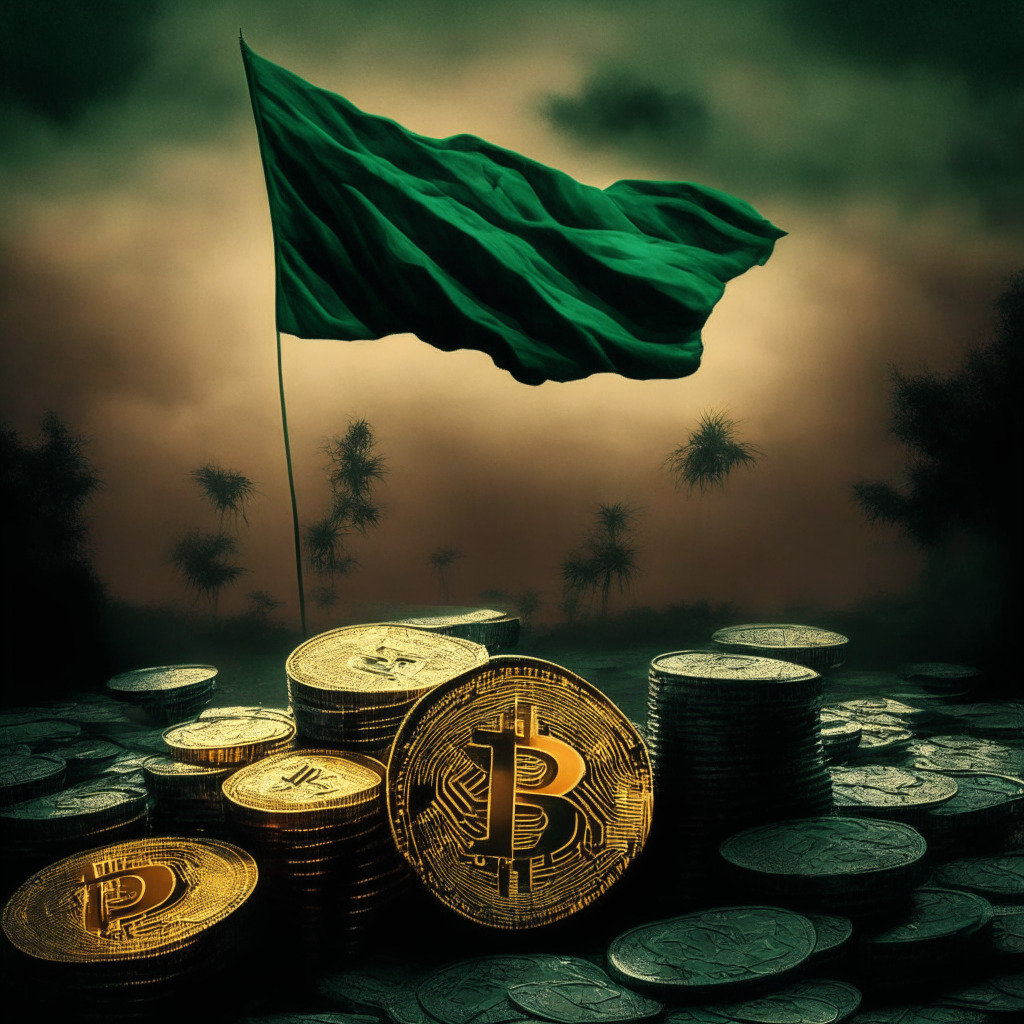 Nigerian crypto tax dilemma, dusky financial landscape, conflicting policies, hesitant traders, blend of optimism & caution, complex stance on cryptocurrency, national blockchain policy, shadows of uncertainty, glimmers of potential, quest for market growth, avoiding pitfalls, hazy horizon.