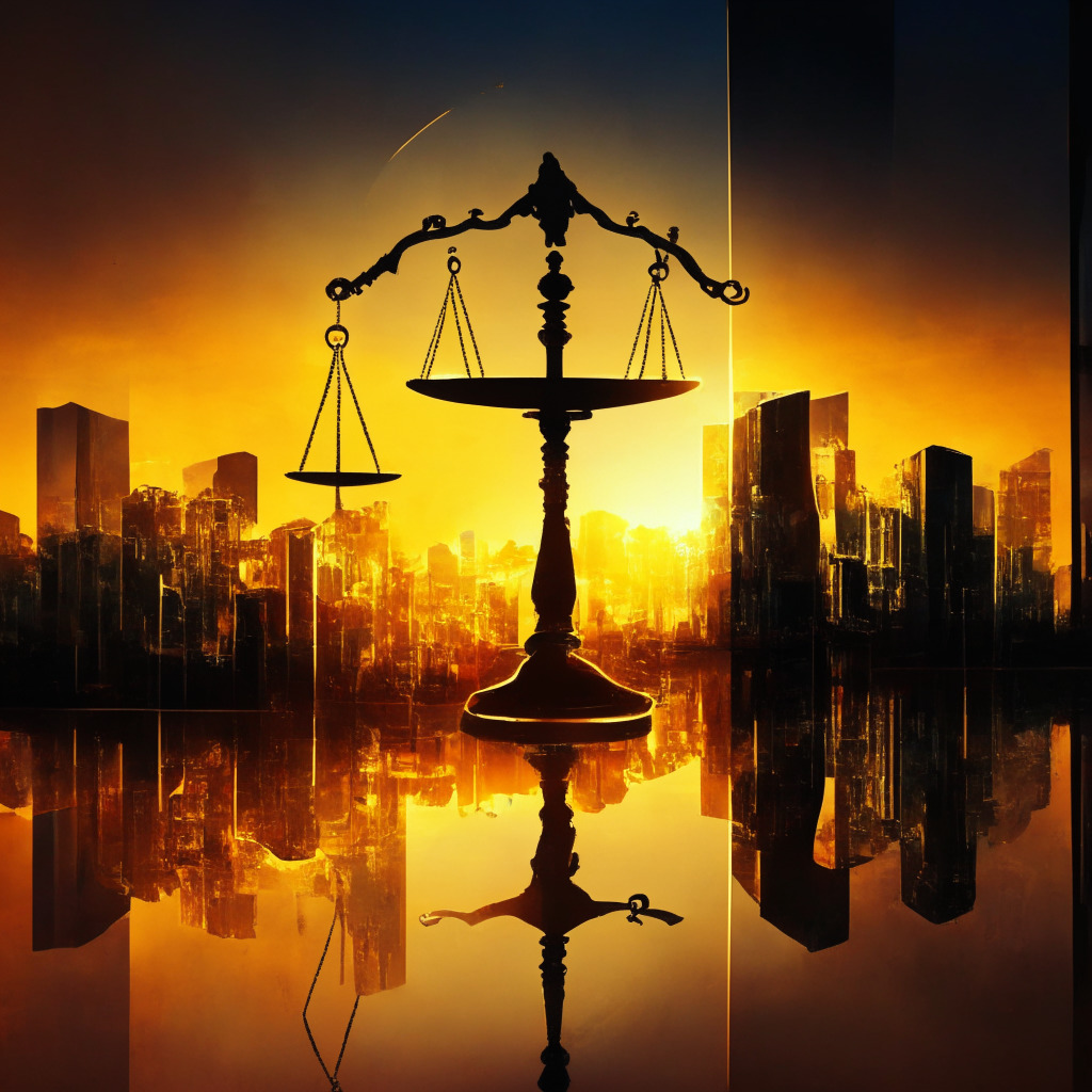 Scales of Justice on Uniswap Tokens, golden sunrise over digital cityscape, intense debate and reflection, mood of uncertainty, impressionist style, sharp contrast between light and shadows.