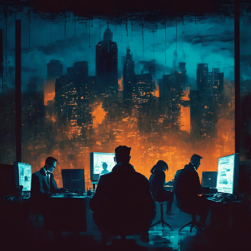 Cybersecurity crisis in crypto world, sophisticated scam using fraudulent websites & fake video conferences, shadowy figures pose as Uniswap execs, underground Chinese con-artists at work, dusk atmosphere with dim cityscape backdrop, impressionist brush strokes, mood of caution & vigilance.