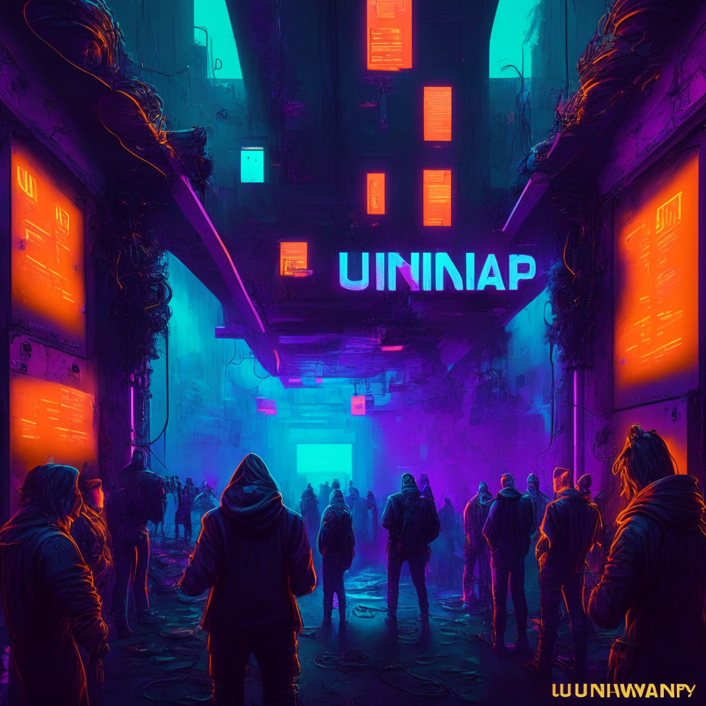 Uniswap v4 launch debate, BSL vs open-source ethics, dissenting Ethereum devs, dusk lighting, tension-filled atmosphere, cyberpunk art style, vivid colors, contrasting opinions, innovative hooks feature, ambiguous marketing language, call for clarity & honest representation.