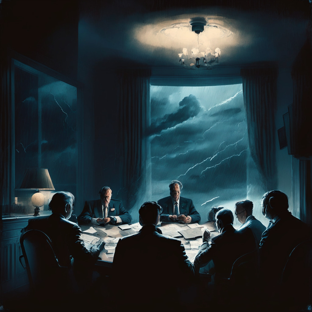 Intricate DAO meeting scene, diverse delegates discussing, digital voting board in background, dim-lit room, spotlight on center table, Chiaroscuro technique, anxious facial expressions, subdued color palette, stormy clouds through window reflecting uncertainty, advanced artistic style.