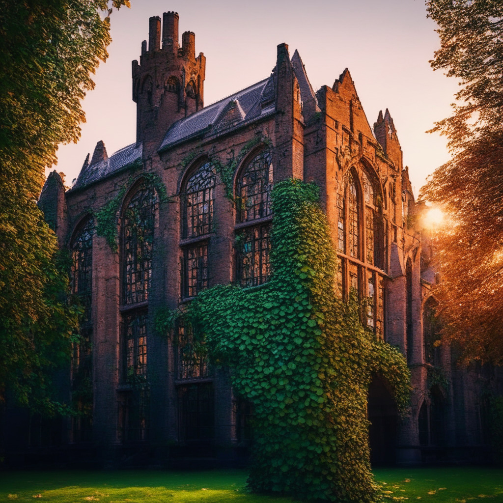 Ivy-clad University of Toronto building, students engaged in blockchain research, Ripple collaborating with university, educational opportunities in crypto technology, warm lighting, academic environment, air of innovation, sense of optimism for future blockchain leaders, vibrant sunset reflecting industry growth, no brands/logos.