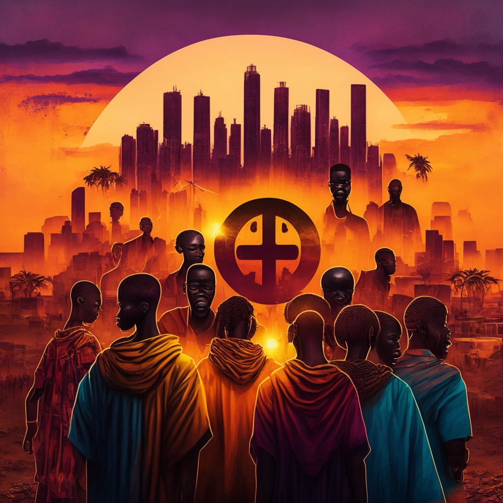 An evocative, hyperrealistic image with the predominant color tones of the African sunset, with a blend of contrasted hues representing the promise and peril of crypto. Depict a group of diverse individuals around a digital cryptocurrency symbol, invoking a sense of unity, resilience, and hope against a backdrop of a metropolitan African city filled with vibrant juxtaposed detail of traditional markets and modern skyscrapers, indicating economic disparity. The scene implies ongoing transformation and innovative change, sprinkled with an element of caution, combined with a kinetic aesthetic designed to portray the mounting vigor of crypto. The lighting should be reflective of the twilight washing over the city, indicating a transition towards a new era.