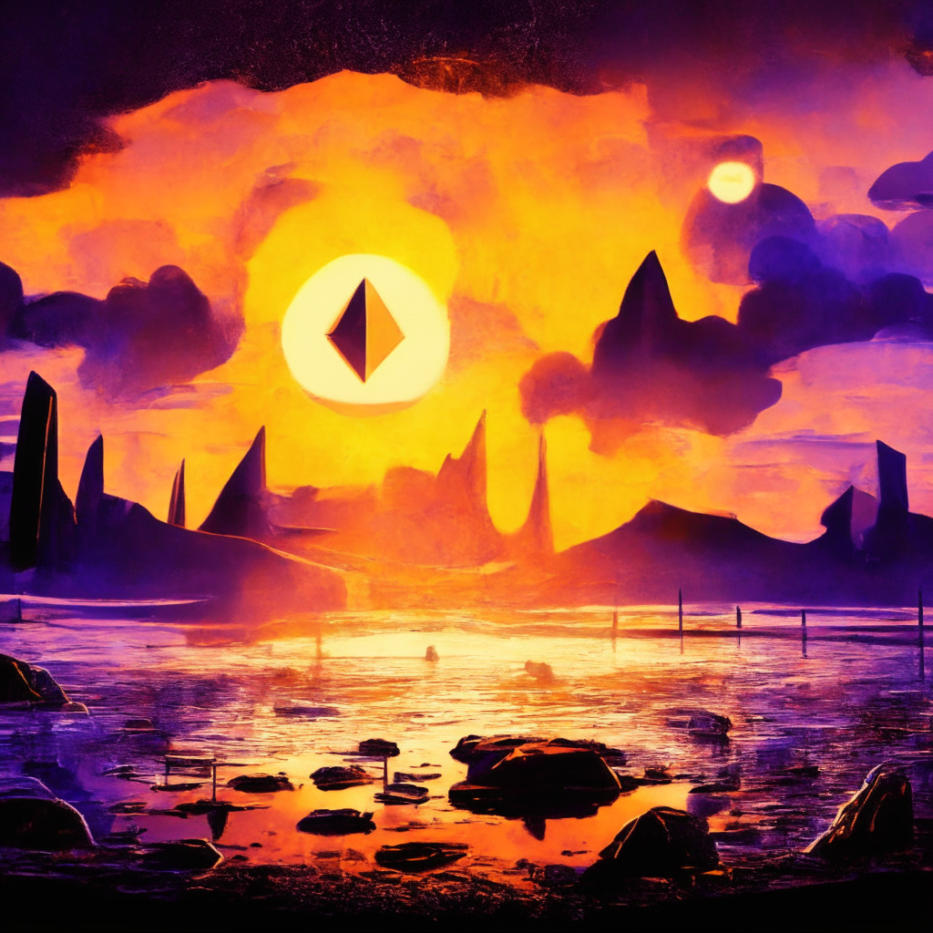 Ethereum layer-2 blockchain scene: dramatic sunset, OP tokens falling amid looming Bedrock upgrade structure, Superchain silhouette on the horizon, low liquidity river, shifting mood between doom and optimism, Worldcoin and Base testnet projects adding vibrant colors, artistic chiaroscuro lighting symbolizing market dynamics, cosmos-inspired background.