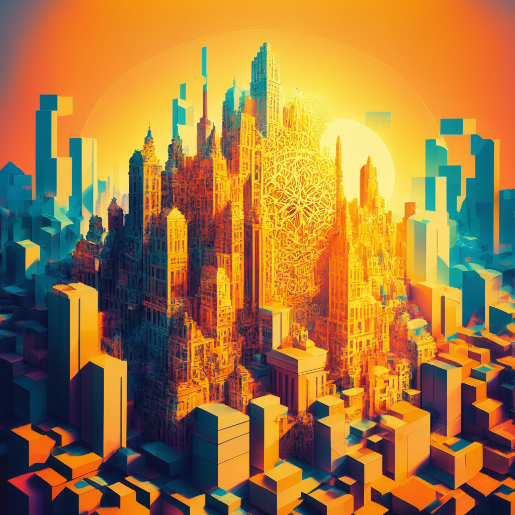 Intricate cityscape built from blockchain bricks, glowing sunlight, art nouveau style, blend of digital and organic elements, a solid foundation with intricate planning, vibrant colors representing trust and loyalty, joyful mood, intertwining brand stories, subtle layering effect to depict different marketing layers.