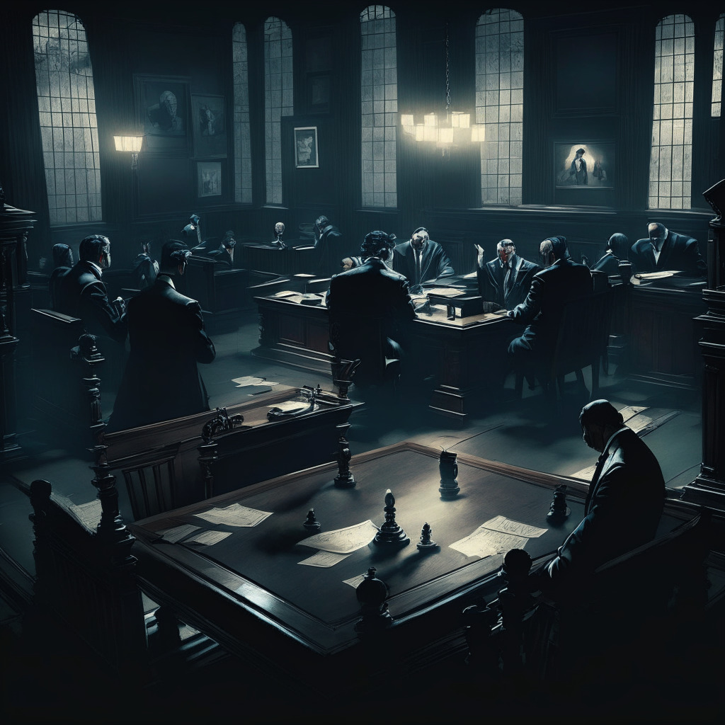 Intricate courtroom scene, lawyer unmasked, shadowy crypto figures, a dimly lit London townhouse office, hints of dark deception, secret recordings exposed, mood of tension and betrayal, a dining table confession, shattered reputations, intense scrutiny, uncertain future in crypto law ethics.