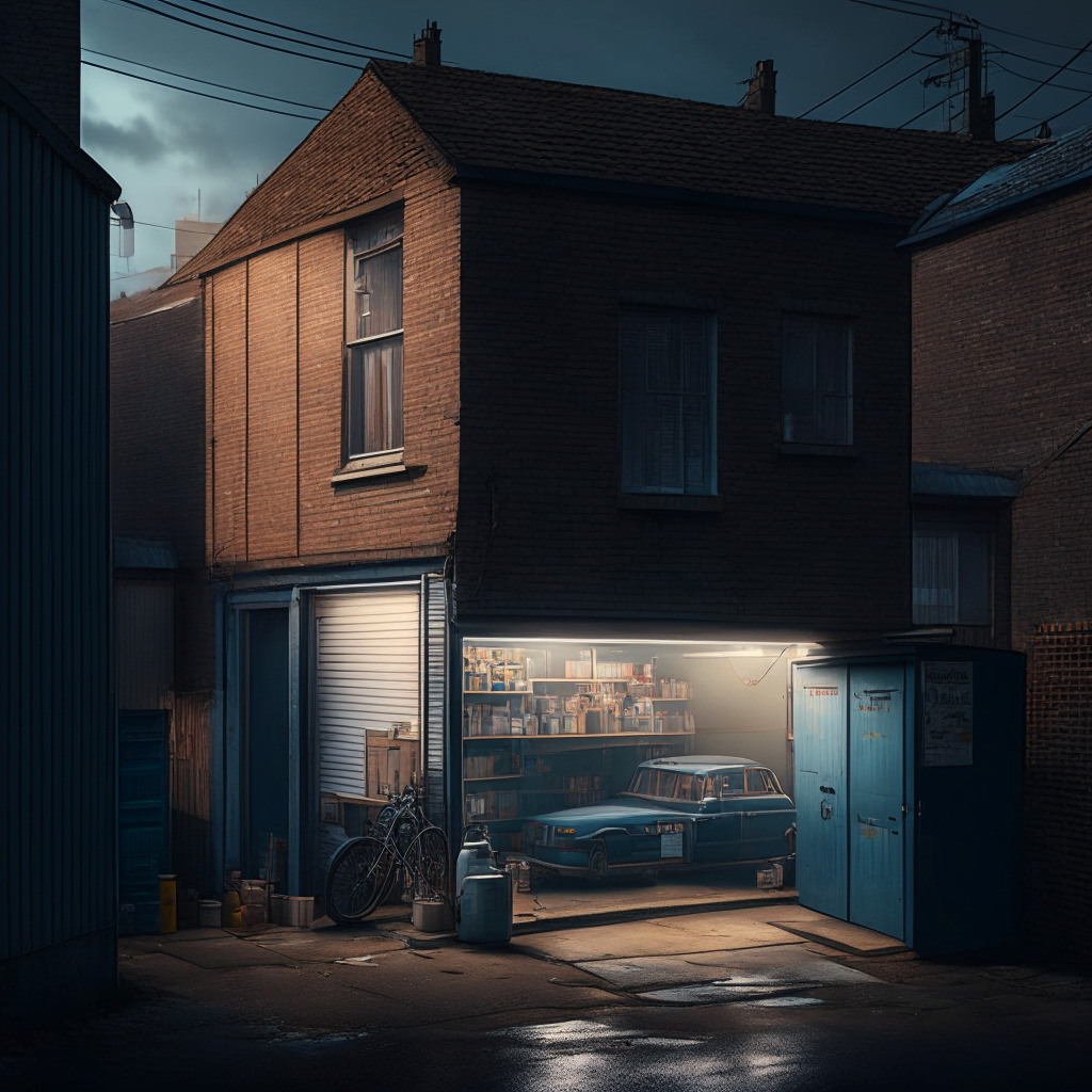 Intricate UK town scene, tiny shared garage, chiaroscuro lighting, muted colors, enigmatic atmosphere, multiple companies' names subtly integrated, hints of virtual offices, ethical questions looming, transparency debate, crypto industry elements, regulation evolution.