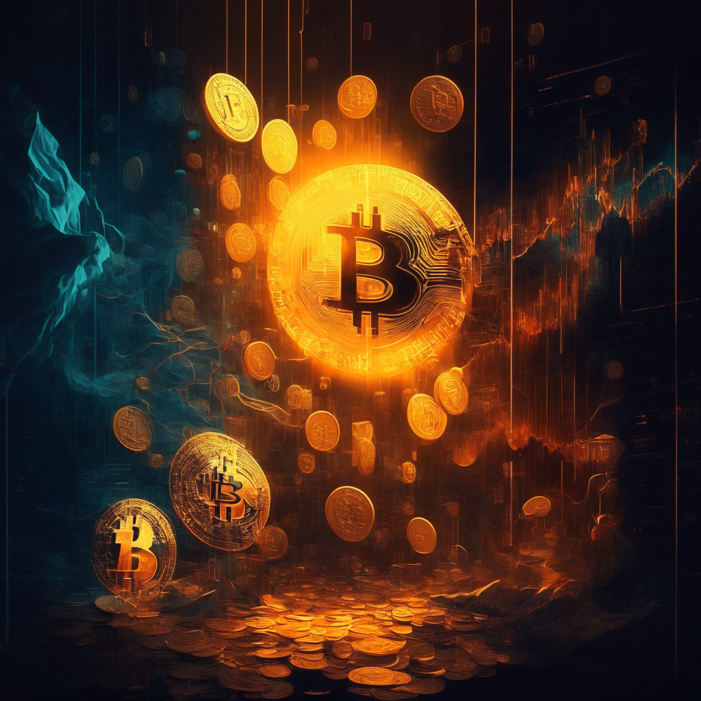 Crypto market intricacies, major exchanges, influential figures, coins fluctuating in value, blockchain advancements, elegant visual representation, warm lighting, dynamic composition, uncertain mood, hints of optimism, contrasting volatile environment, abstract art style.