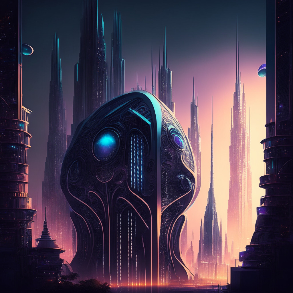Depiction of an intricate, futuristic Berlin cityscape, with elements incorporating biometric tech such as iris-inspired motifs. Use cool, metallic tones to set an enigmatic mood, under a falling dusk signaling the dawn of a new technological era. Illuminate a single standout device (no logos) in the foreground, marked by secure, concealing shadows and cryptic lights. Art style should reflect the tension between advancement and security concerns.