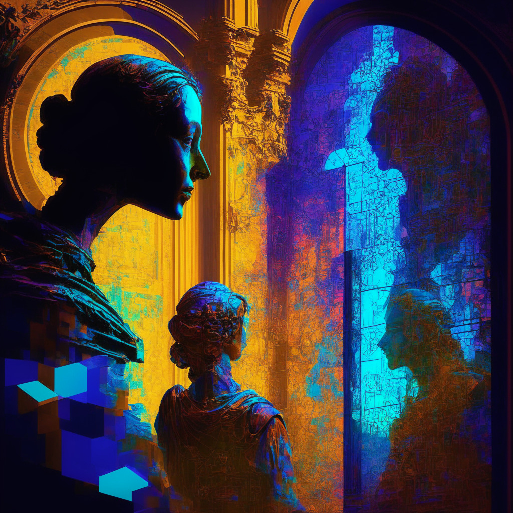 Intricate digital matrix, LLMs conversing, vibrant color palette, contrasting light & shadows, Renaissance-inspired style, dual mood: hope & concern, AI users & developers intertwined, reflecting ethical dilemmas, celebrating innovative potential, air of exploration amidst caution.