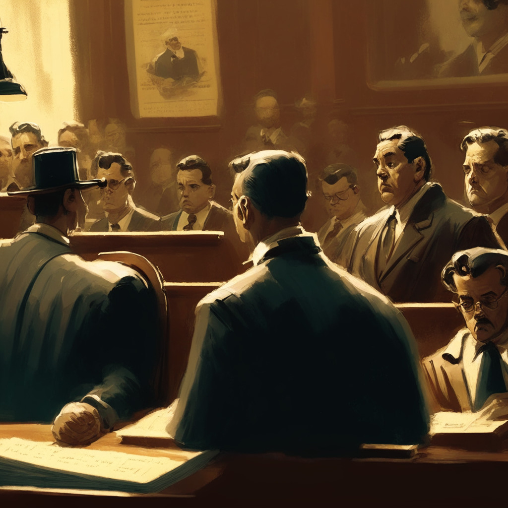 Intricate courtroom scene, vintage oil painting style, warm muted lighting, SEC officials & crypto community members gathered, serious expressions, focus on documents, air of uncertainty & debate, Ether emphasized with subtle glow, hint of modernity with digital screen displaying Howey test, overall mood: tension amid collaboration.