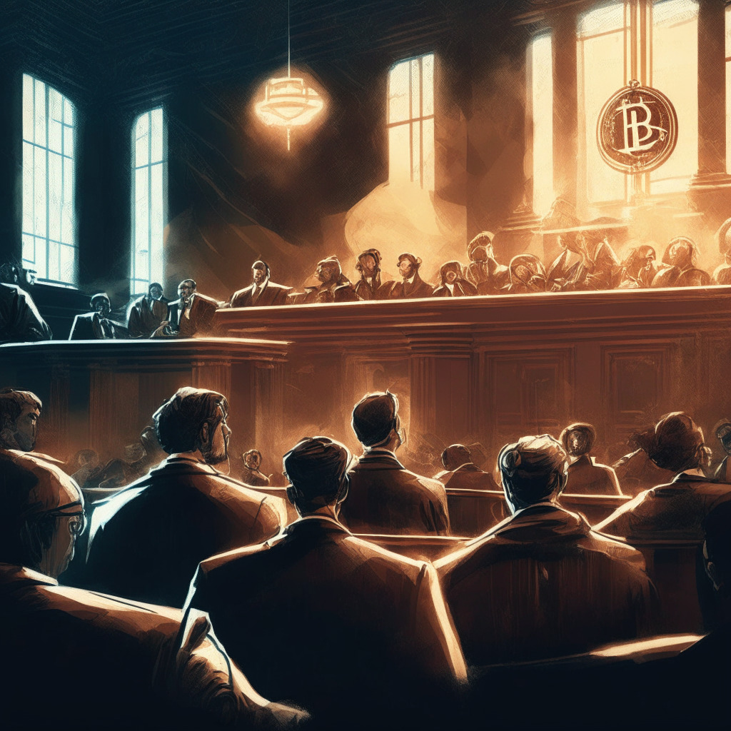Intricate courtroom scene, debate on crypto securities classification, artistic chiaroscuro lighting, intense expressions on individuals, subtle hint of Ripple and SEC logos on separate sides, Ethereum and Bitcoin hints in background, contrasting warm and cool tones to signify opposing stances, sense of anticipation and tension, 350 characters