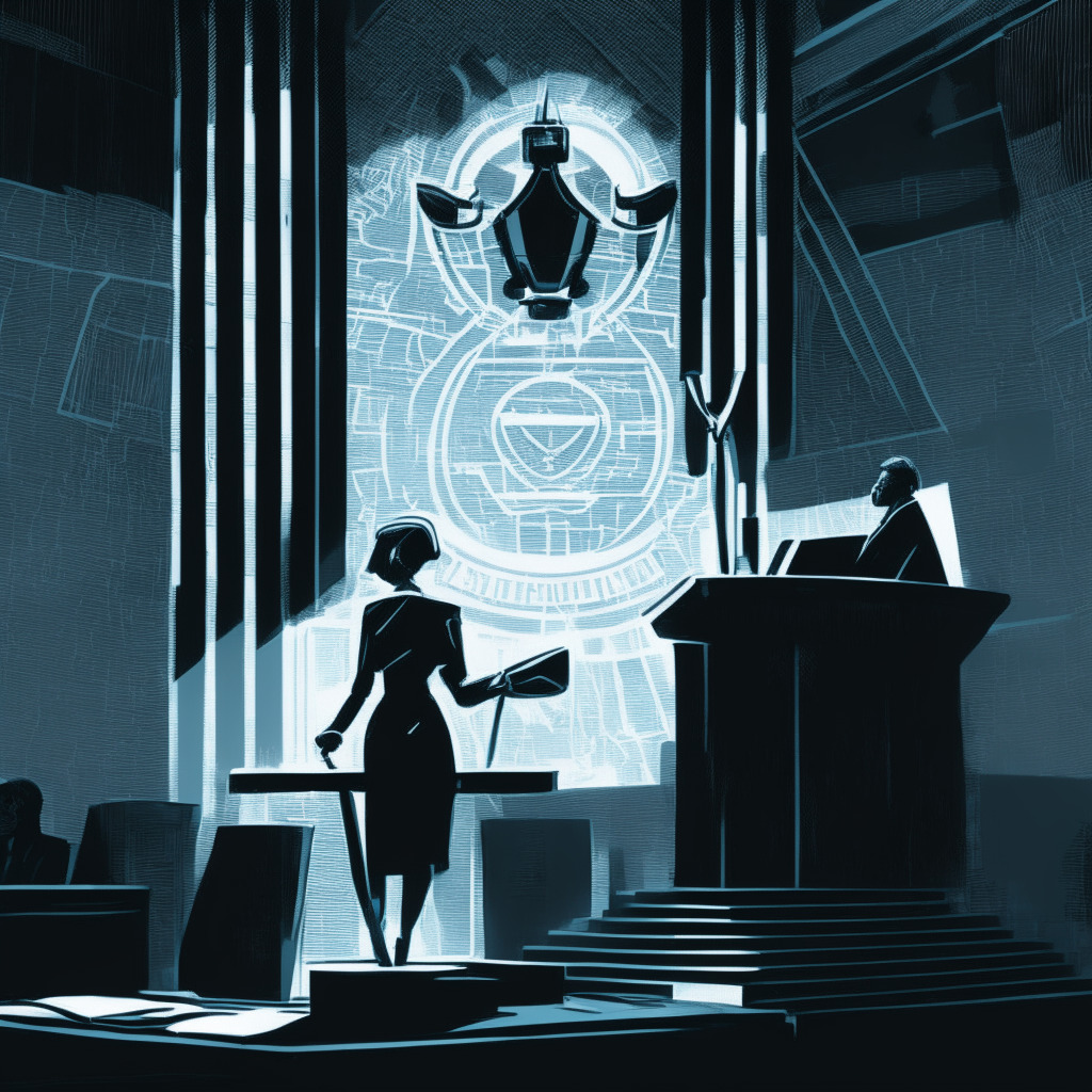 A dim-lit digital courtroom, portrayed in a noir art style. On one side, a stern female figure representing a Crypto Exchange executive, composed of geometrical, metallic patterns, showing resilience. Opposite, abstract shapes forming a gavel and legal documents, marked with coded patterns, illustrating regulatory bodies. The atmosphere reflects tension, uncertainty, hues of dark blues and grays.