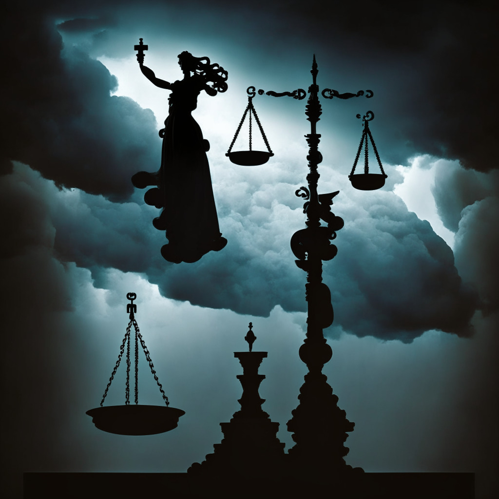 A stately scale tilting between overregulation and balanced control under a moody, stormy sky, symbolic figures representing industries are placed on either side, the dark silhouette of a regulator with a gavel looms ominously, strikingly contrasted with a luminescent innovator figure, the style evokes a Baroque painting with high chiaroscuro contrast, conveying an atmosphere of tension and contest.