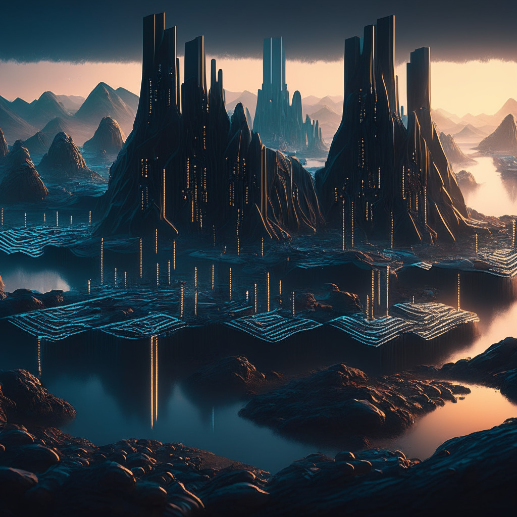 A futuristic crypto landscape at dusk, the subtle interplay of light and shadow hinting at mystery and discovery. It feature an impenetrable digital fortress with multiple layers, signifying blockchain layers. Furrows of encoded data streams, flowing like a river, represent security measures. No currency symbol or coins to highlight the absence of native token. The mood is optimistic, foretelling of thrilling opportunities and hints of challenges, the colour palette is a mix of cool blues and purples with accents of vibrant oranges.