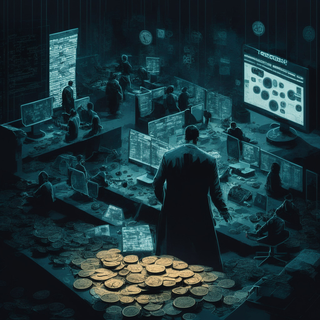 Cryptocurrency exchange hack scene, Mt. Gox and BTC-e, chiaroscuro lighting, mysterious mood, cybersecurity threats, digital heist, shattered coins representing insolvency, evolving landscape with stricter security measures, weighing scale balancing creditor sell-off impact and institutional interest, reminder of security and compliance importance.