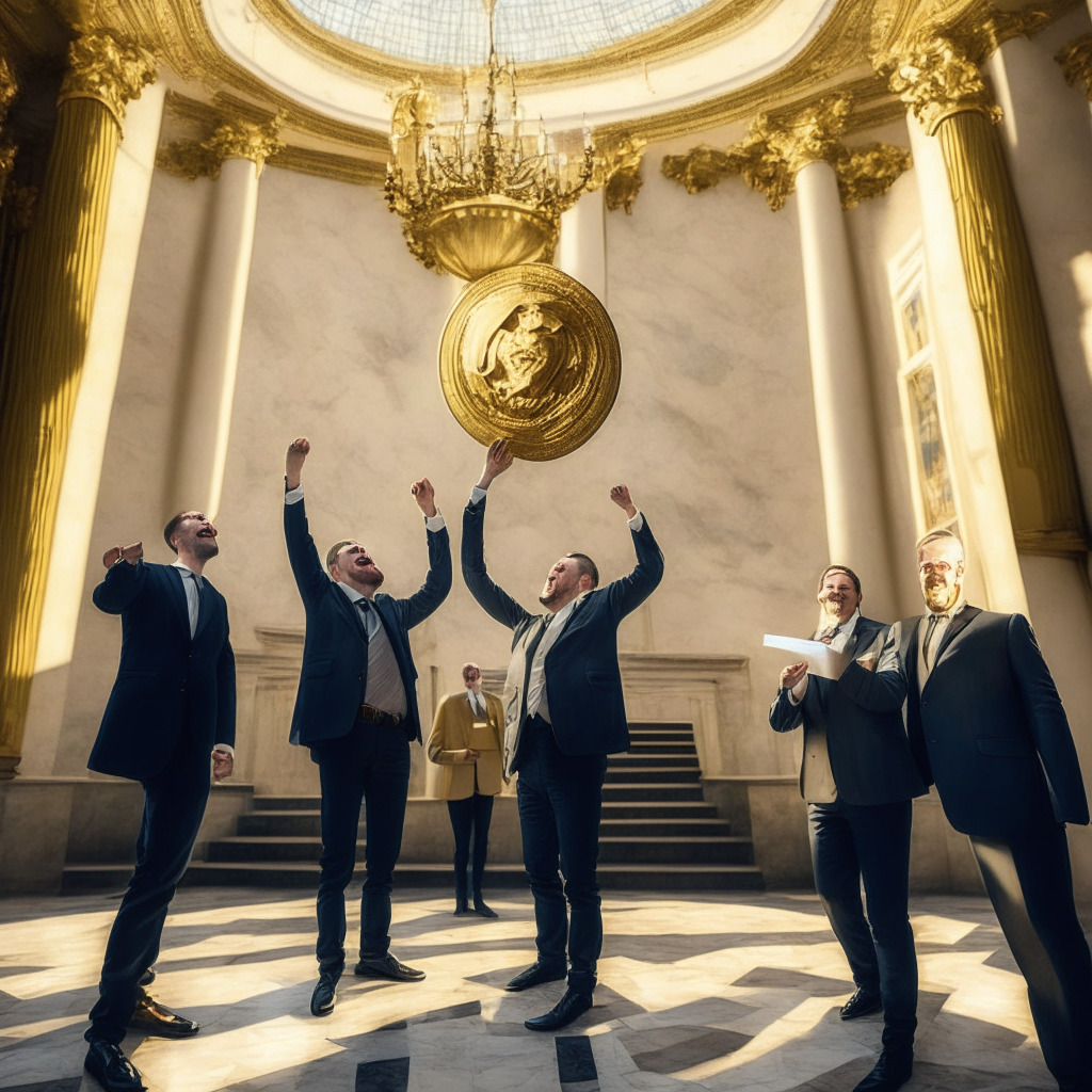 Slovak National Council members celebrating the new cryptocurrency tax law amendment, three representatives standing in a grand marble building, one holding aloft a golden digital coin symbolizing cryptocurrency. The scene filled with soft warm light, evoking an aura of accomplishment. In the foreground, an open constitution book–a nod to Slovakia's Constitutional amendment embracing cash payments. In the background, shadowed figures representing Virtual Assets Service Providers, alluding to the thriving crypto industry. Muted hues but vibrant gold accents, reflecting both the uncertainty and opportunities in Slovakia's evolving crypto landscape.