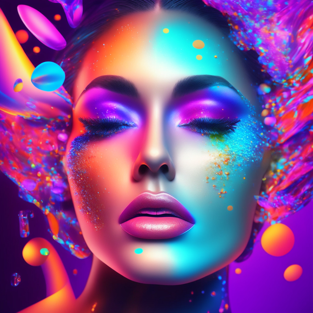 Web3-inspired beauty scene, digital artistry, innovative technology, metaverse self-expression, inclusive avatars, Pride Month celebration, immersive future, eco-friendly practices, blockchain transparency, luxury skincare, virtual rewards, gamified sweepstakes, Ethereum blockchain, glowing optimism, vivid colors, exuberant energy, digitally blurred background, artistic fusion.