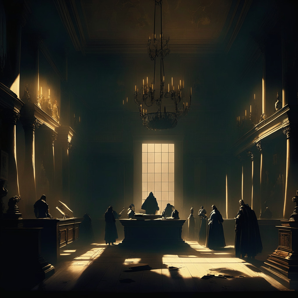 Mysterious court documents, shadowy crypto figures, dimly lit courtroom, Baroque-style painting, tense atmosphere, neutral judge presiding, potential corruption accusations, weight of financial decisions, seeking transparency, ethical balance, uncertain crypto landscape.