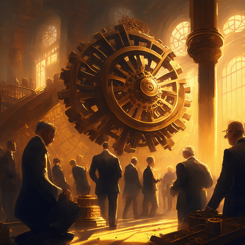 Digital asset bill vote, intricate clockwork design, warm golden light, oil painting style, intellectual atmosphere, hopeful mood. Scene: lawmakers amidst gears & cogs, SEC enforcement & investor protection in balance, crypto market growth with clear rules, evolving regulatory landscape.