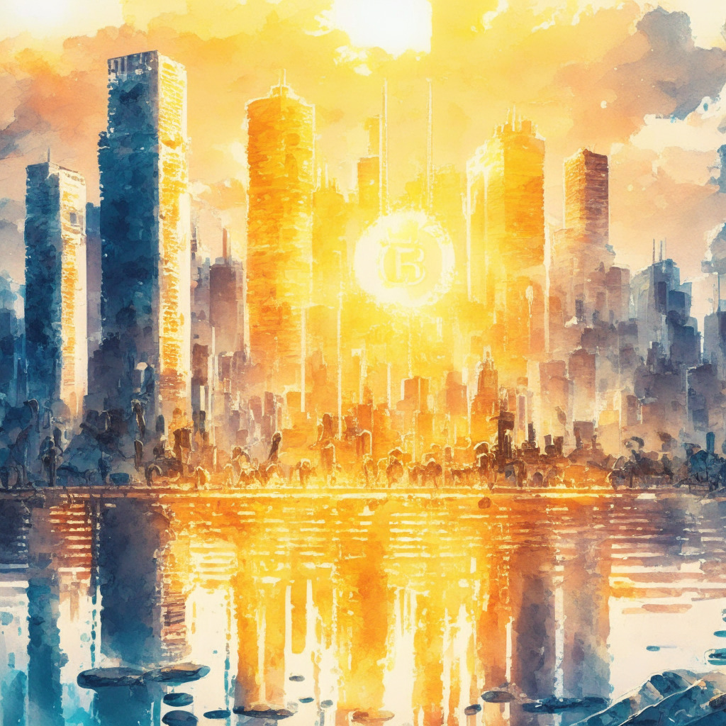 Intricate city skyline, Bitcoin miners at work, central bank in the background, warm glowing sunset, watercolor art style, cheerful mood, bright and sharp, reflective water surface, focus on exchanges.