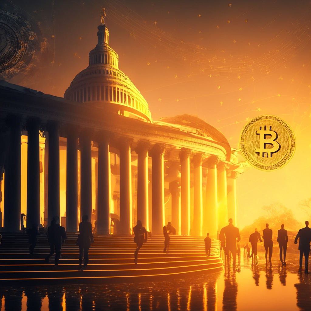 Futuristic digital currency debate scene, US Capitol, warm golden light, lawmakers and stablecoin experts engaging in discussion, balanced regulation and innovation text hovering, dusk sky, sense of urgency and determination, harmonious blend of traditional and modern elements.