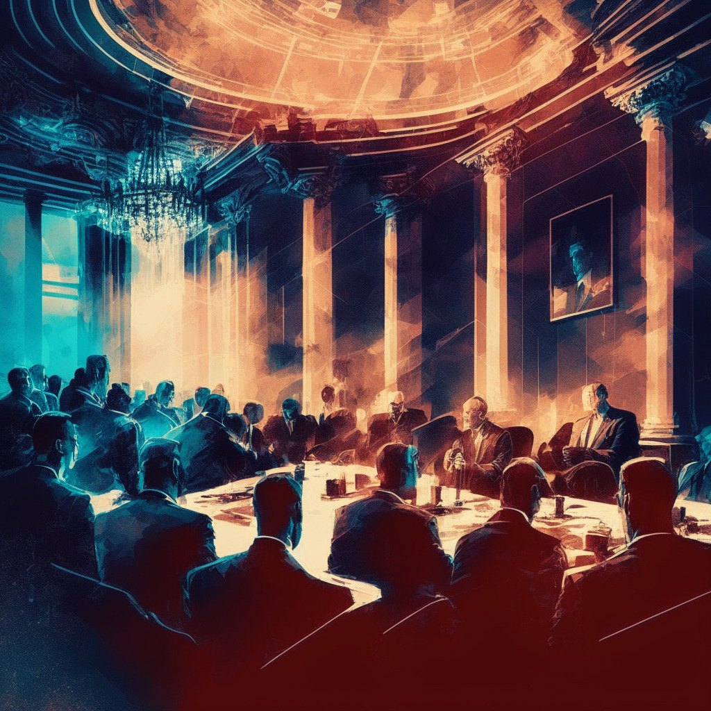 Congressional hearing, crypto executives, chiaroscuro lighting, intense debate, digital economy, skepticism vs optimism, abstract expressionism, urgent atmosphere, diverse opinions, American competitiveness, compliance challenges, political divide, dynamic balance, evolving cryptocurrency industry.