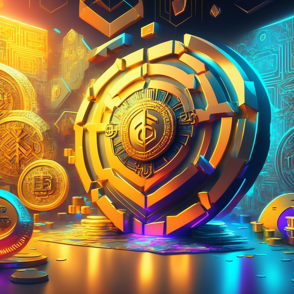 Futuristic crypto exchange scene, vibrant colors, shield symbolizing user protection funds, variety of currencies, intricate patterns in the background, golden-hued lighting, cautious optimism mood, shadows hinting at uncertain regulations. No brands or logos. 350 characters.