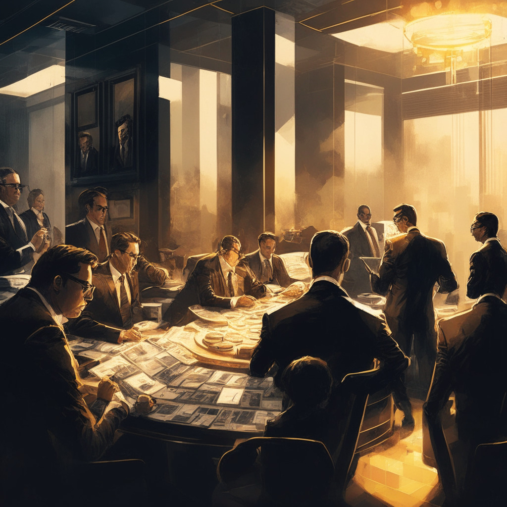 Cryptocurrency exchange, SEC pressure, Bitcoin ETF market race, elegantly designed office, subtle chiaroscuro lighting, tense atmosphere, classical painting style, dynamic composition, prominent industry players in strategic discussion, optimistic yet cautious mood, golden undertones, financial intrigue, emerging financial interest.