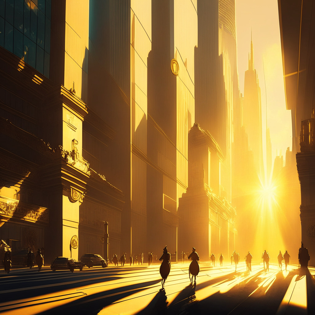 A bustling financial district, golden-hued sunlight casting long shadows, contrasting old-world architecture with sleek digital screens, a futuristic crypto trading floor, Valkyrie Bitcoin Fund as a bridge between worlds, artistic chiaroscuro effect, atmosphere of excitement and anticipation, with a subtle cautionary undertone.