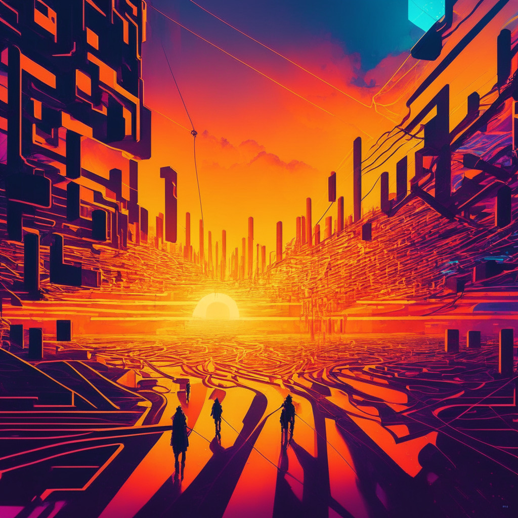 Intricate blockchain network, warm glowing sunset, digital financial race, frenetic energy, contrasting shadows, determined individuals, sleek futuristic exchange, vibrant color palette, dynamic movement, optimism vs uncertainty, subtle texture, merging traditional and crypto landscapes.