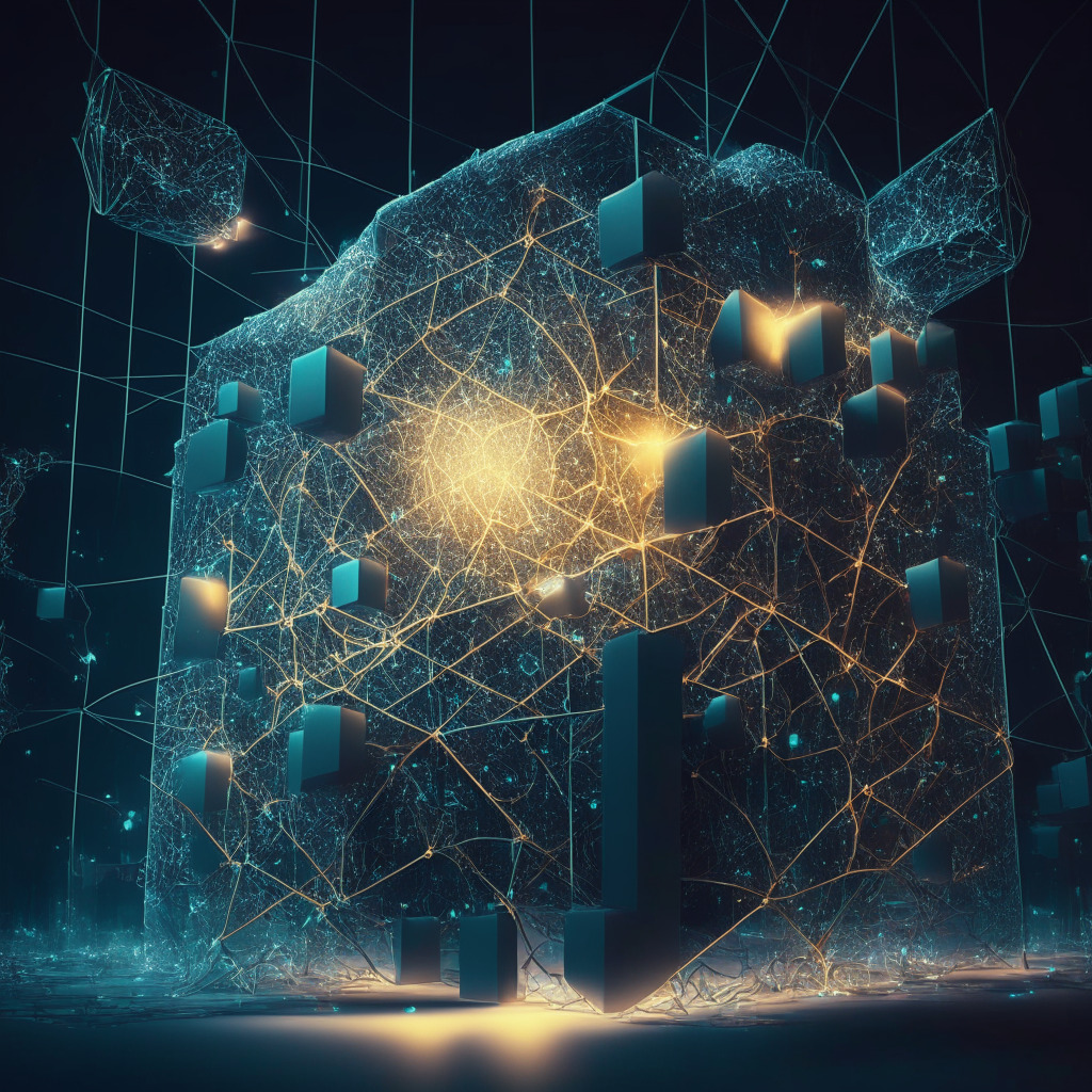 Intricate blockchain network, venture capital investors as sculptors, crypto projects as building blocks, low-key spotlit scene, chiaroscuro art style, ethereal glow, moody atmosphere, balancing scale of growth & regulation, transparent & solid frameworks, emerging opportunities & challenges.