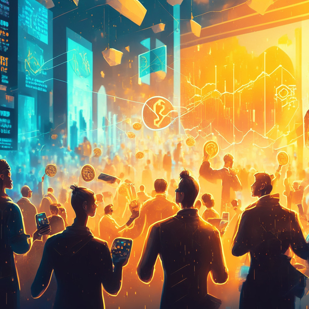 Cryptocurrency token launch with bustling community, vibrant artistic style, busy trading atmosphere, optimistic mood, golden ethereal lighting. Scene: Excited traders, digital screens displaying skyrocketing graphs, tokens raining from sky, futuristic city backdrop, a balancing scale representing pros & cons.