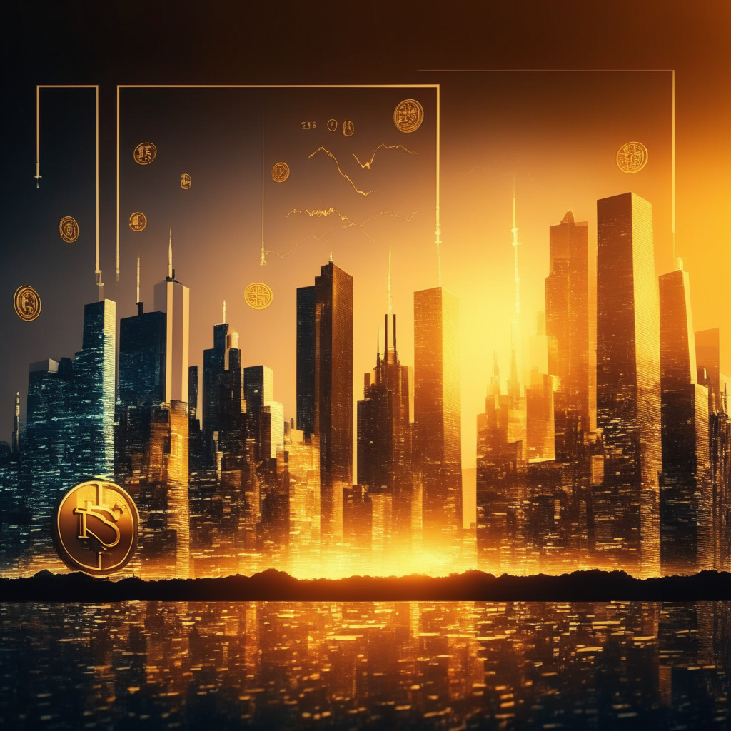 Cryptocurrency exchange, golden skyline with Wall Street giants, sleek modern interface, fusion of traditional finance & crypto, emphasis on compliance, warm and welcoming atmosphere, confidence-inspiring mood, dusk lighting, innovative yet familiar, successful funding round, shifting trends in finance.