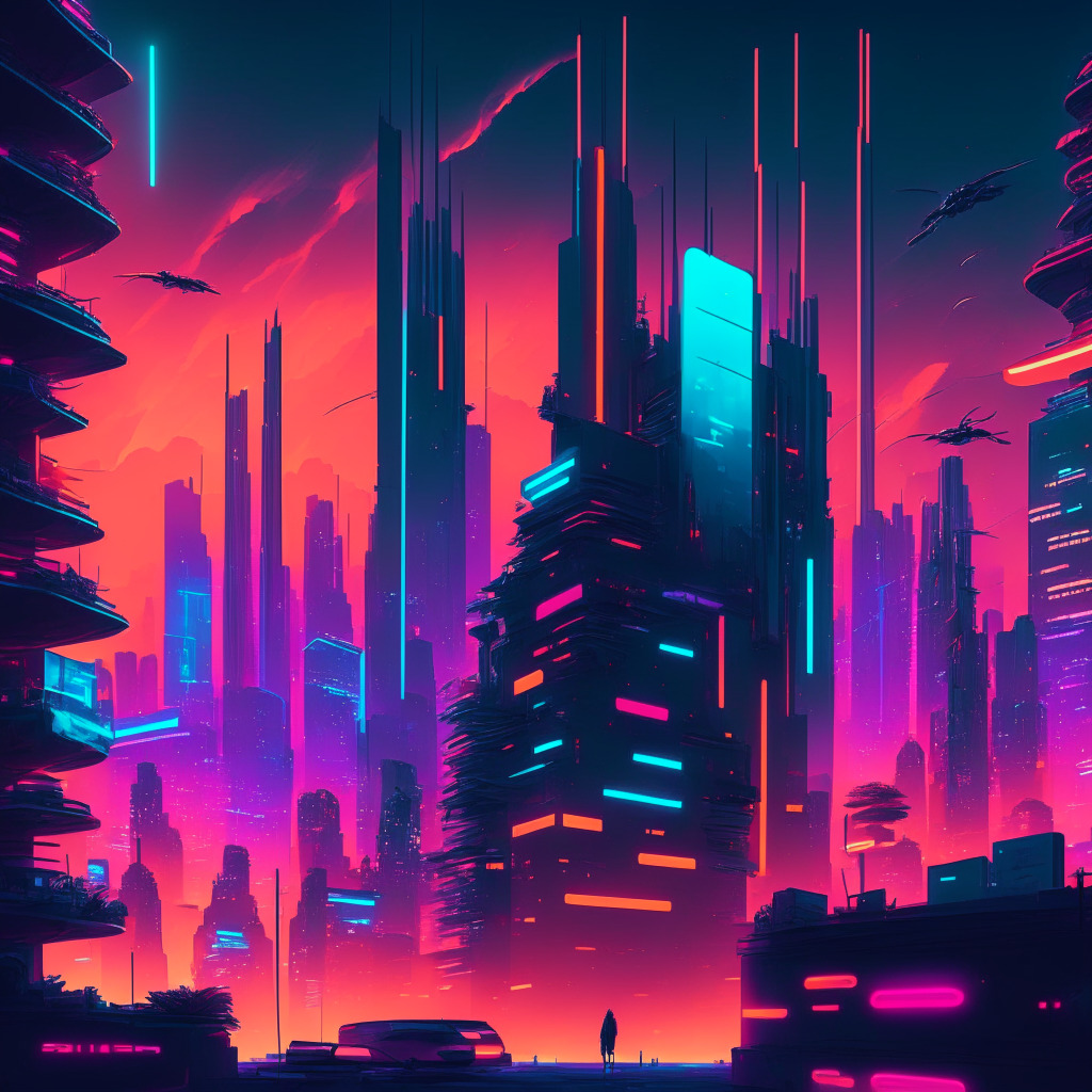 Futuristic digital cityscape with Web3 apps, towering Big Tech, vivid contrasting color palette, dusk lit scene, glowing neon details, tension in the air, hopeful undercurrent, decentralized app stores in the foreground, diverse tech-savvy users exploring. No brands or logos, 350 max.