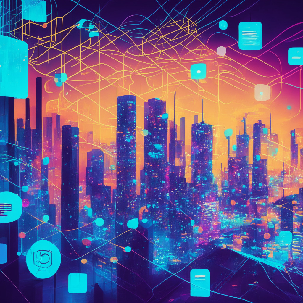 Futuristic cityscape illustrating Web3 social media era, vibrant colors with blockchain links hovering above, users with digital devices showcasing data ownership, applying abstract expressionism art style, soft dusk lighting, an ambiance of empowered interconnectedness, highlighting decentralization, privacy, and content freedom in a visually cohesive scene.