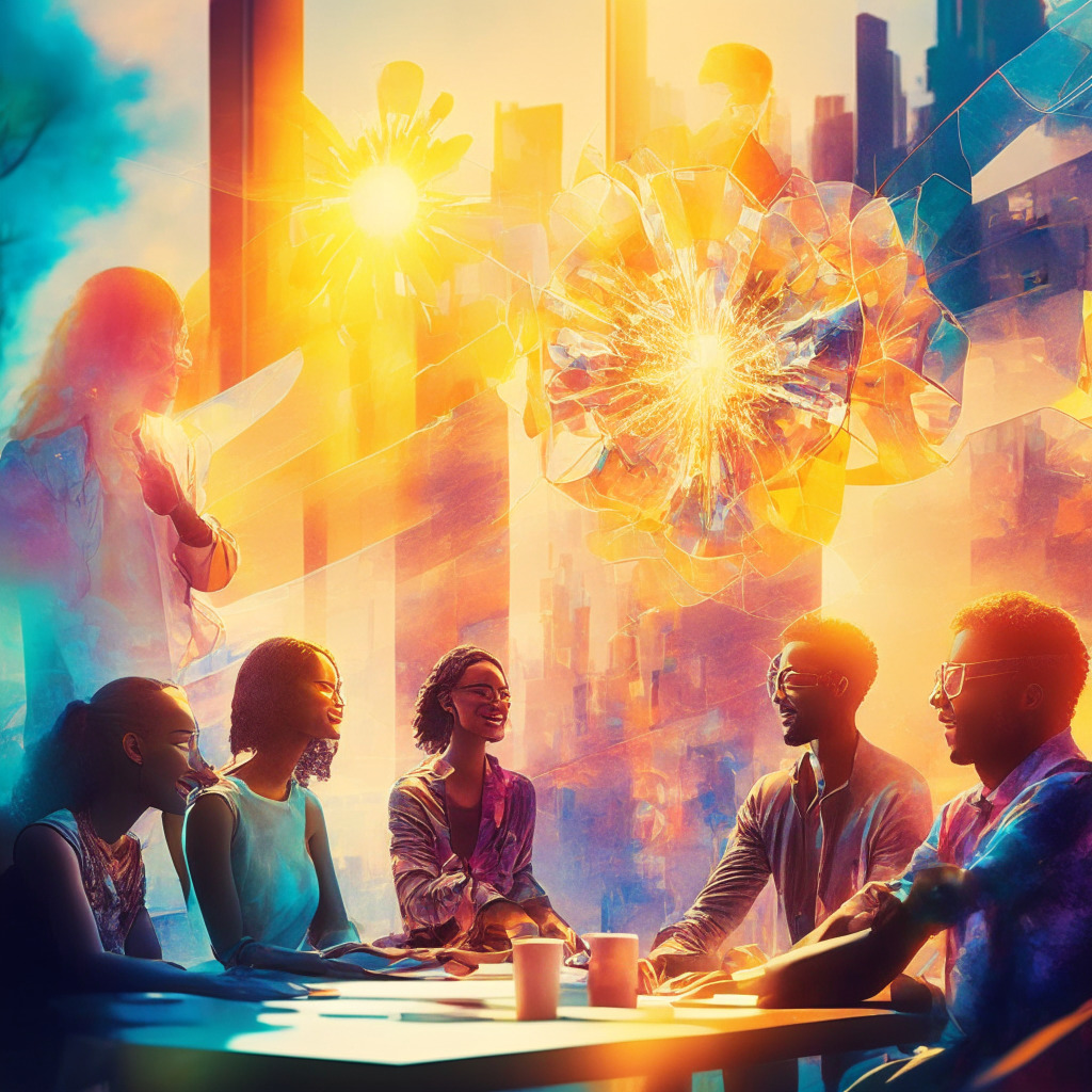Sunlit brainstorming session with diverse group of people, futuristic decentralized city backdrop, holographic Web3 visualization, collaborative artistry in process, joyful expressions, warm color palette, communal atmosphere, recognitions presented to contributors, sense of equality & transparency.