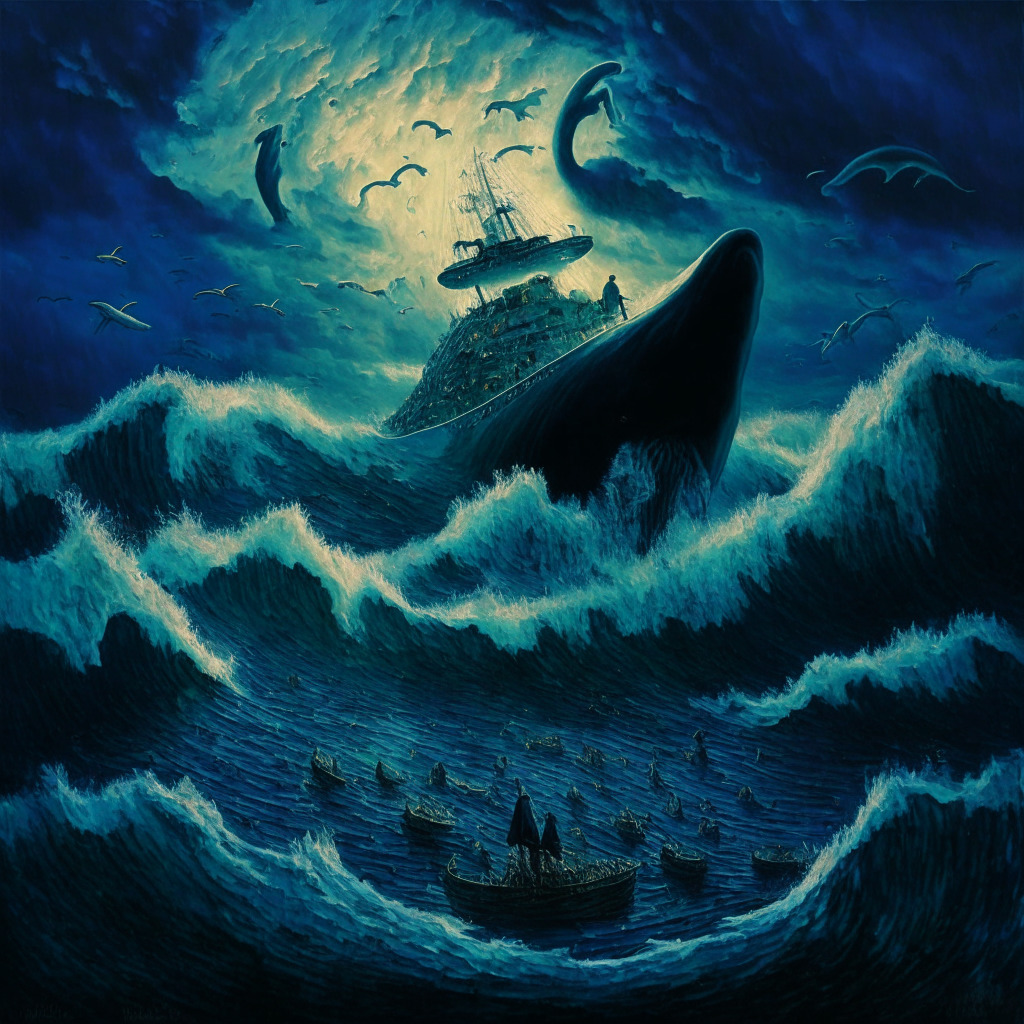 Surreal crypto ocean scene, massive whale unloading PEPE tokens, moody twilight sky, turbulent waves, bearish atmosphere, Impressionist art style, onlookers whispering insider trading, sinking memecoin ship, dimly lit underwater market, shadows of traders despair, 350 characters max