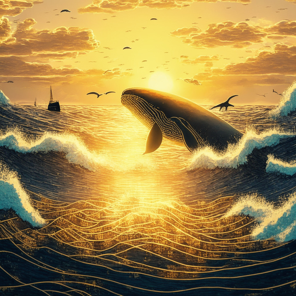 Sunrise over digital ocean, enormous whale transferring golden coins, 2010 vintage flair, mild glow, Enigmatic mood, Bitcoin's price bouncing from $25K, bullish trend indicators, dormant coins awakening, intricate blockchain patterns, bold investor shadows, ongoing market shifts, future impact hints, volatile ocean waves.
