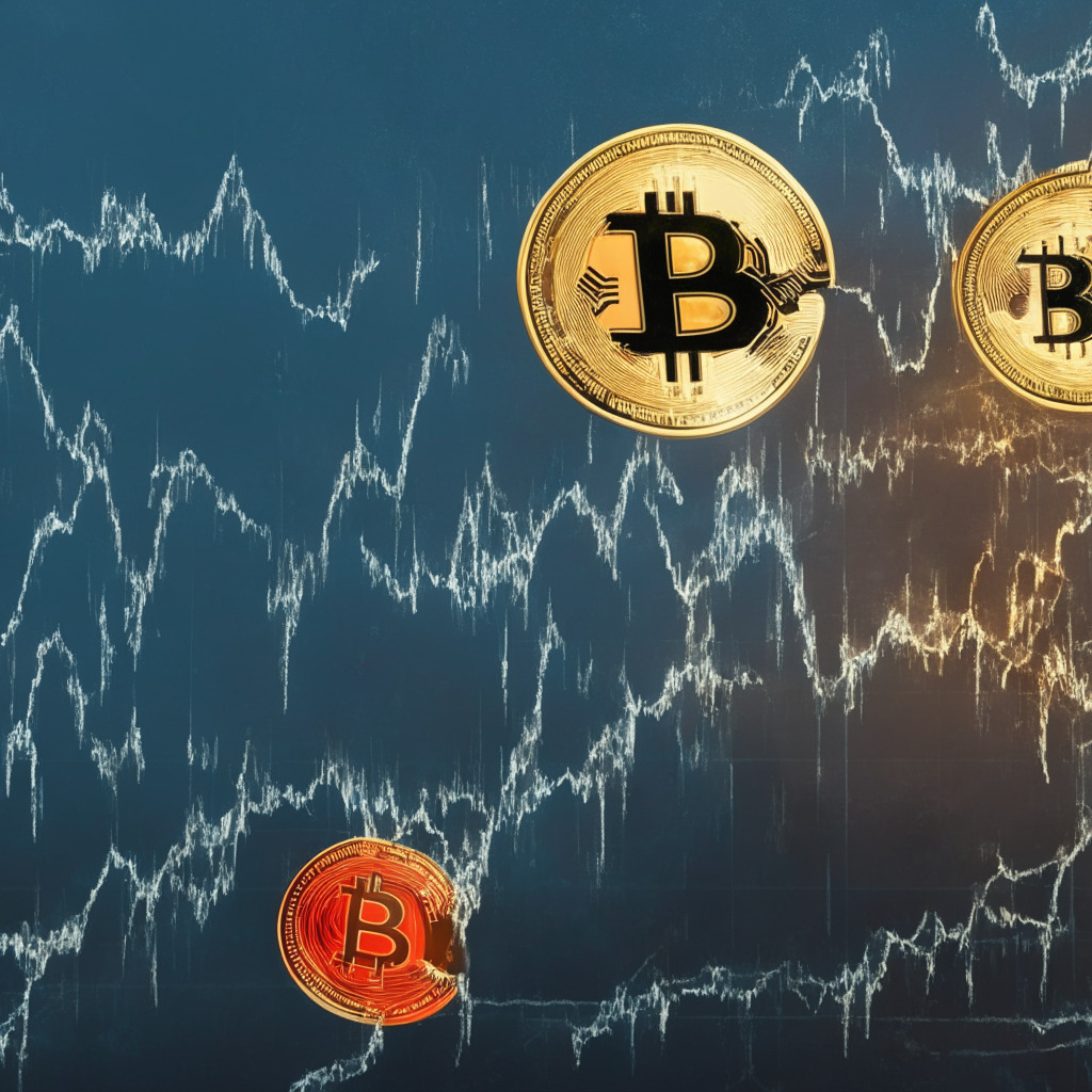 Bitcoin dip to $26,519, possible bullish surprise, $26,000 support, resistance at $27,500, Ethereum at $1,897, $2,000 support crucial, gold and equities rising, S&P 500 bullish signals. Setting: stormy market scene, chiaroscuro lighting, baroque art style, confident yet cautious mood, dominance play between bulls and bears.