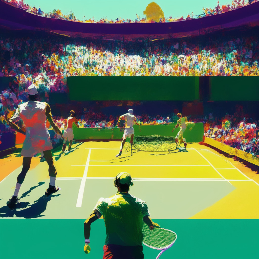 Wimbledon 2023, AI-generated commentary, tech innovation, traditional tennis court, warm afternoon sunlight, artistic impressionism style, mixed emotions, joyous fans, enthusiastic spectators, tense showdown, vibrant color palette, insightful player analysis, dynamic action, nostalgic yet futuristic mood, harmonious AI-human collaboration.