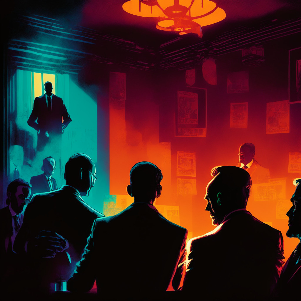 A thought-provoking, chiaroscuro-style scene, featuring intense colors, a dimly lit room with political figures debating in the shadows, bright glowing symbols of cryptocurrencies hovering above revealing their power. The image evokes a mood of tension, reflecting the contrasting views on crypto regulations, leaving the viewer pondering the intricate dilemma.