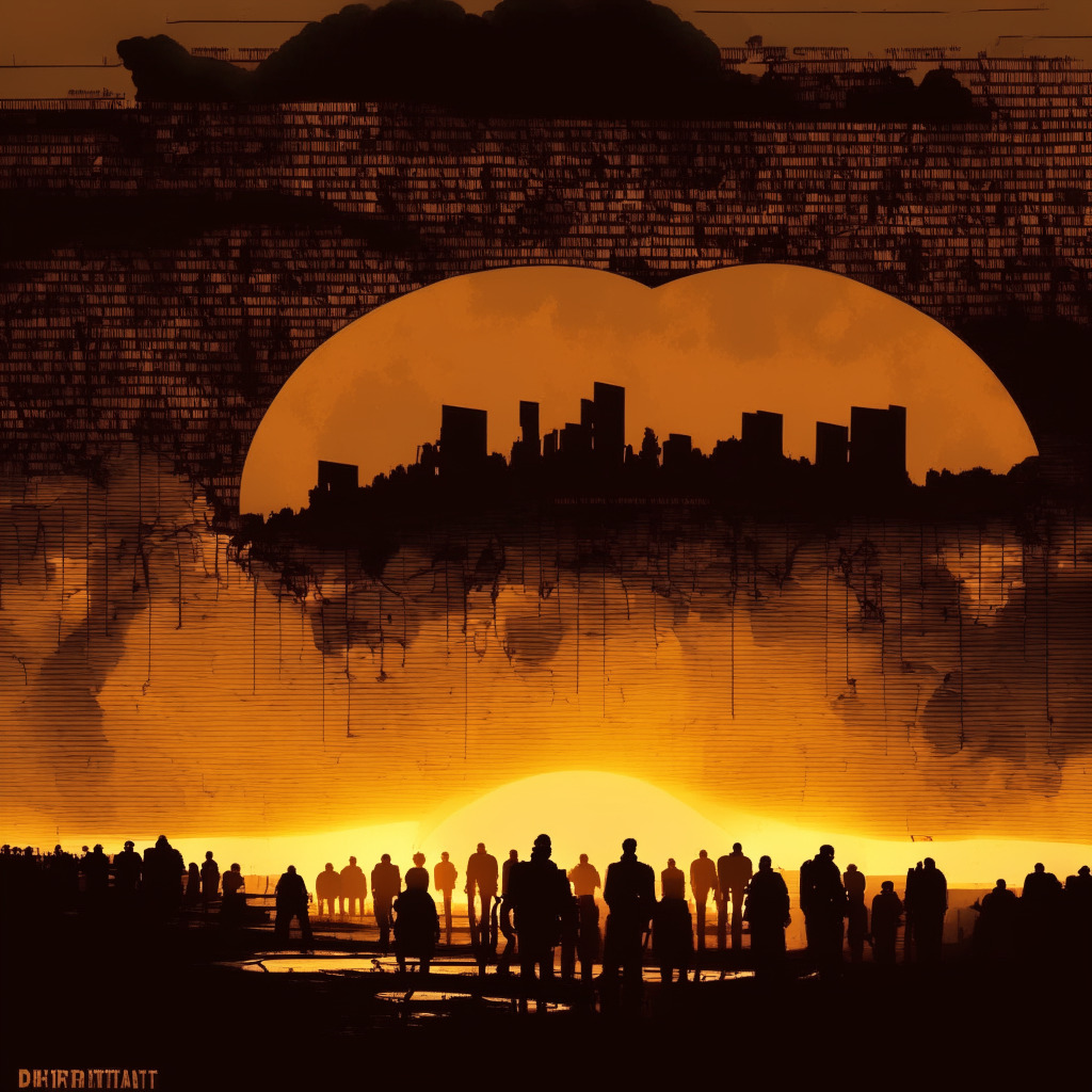 Sunset over a disrupted financial landscape, eerie mood, silhouette of crypto users with glitched debit cards, dark storm clouds illuminating regulatory bodies, shadow of a broken payment system, intertwined threads of compliance, contrasting colors highlighting urgency, sepia-toned text foreground, licensing crackdown theme.