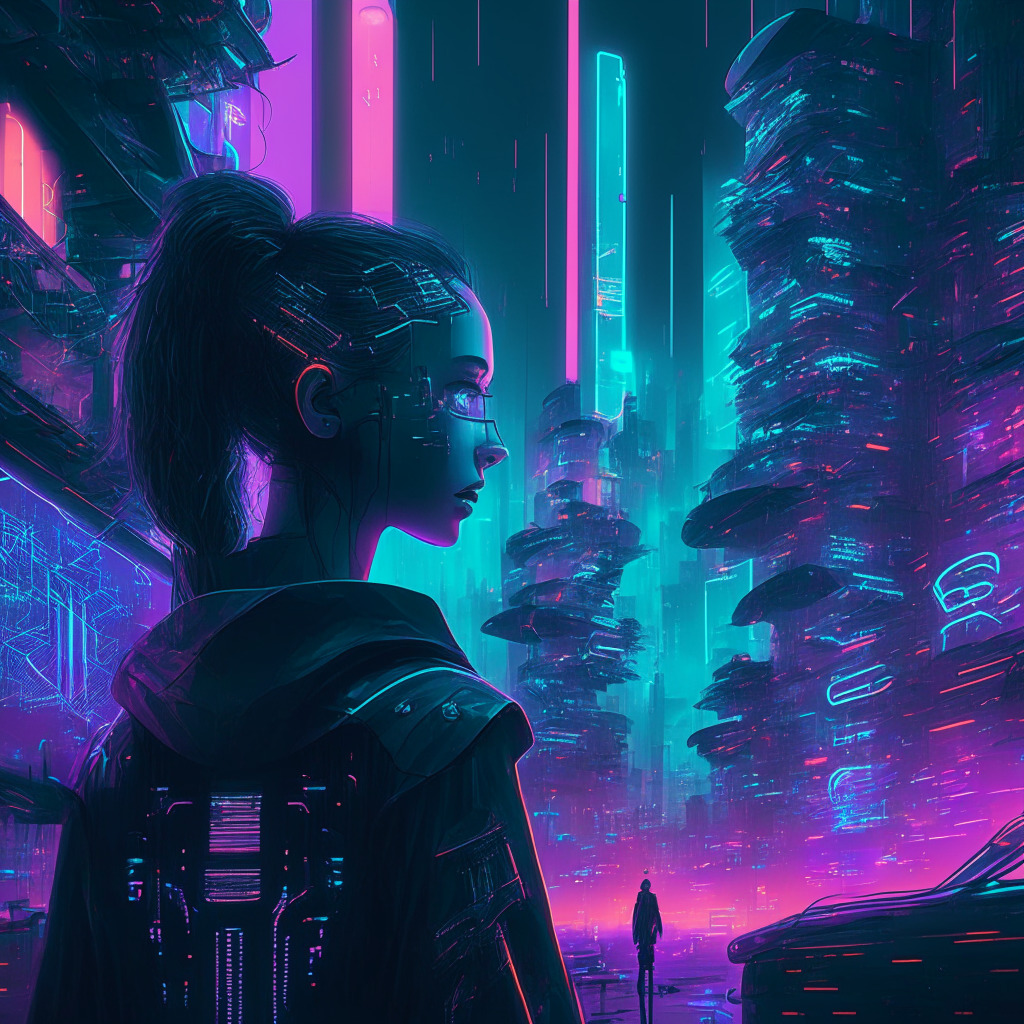 Futuristic cityscape, iris-scanning devices, secure digital profiles, glowing cryptocurrency symbols, AI-driven technologies interwoven, soft neon lights, an aura of innovation and privacy, cyberpunk art style, moody overtones, dynamic interactions between humans and AI, moments of calmness amidst a dynamic world.
