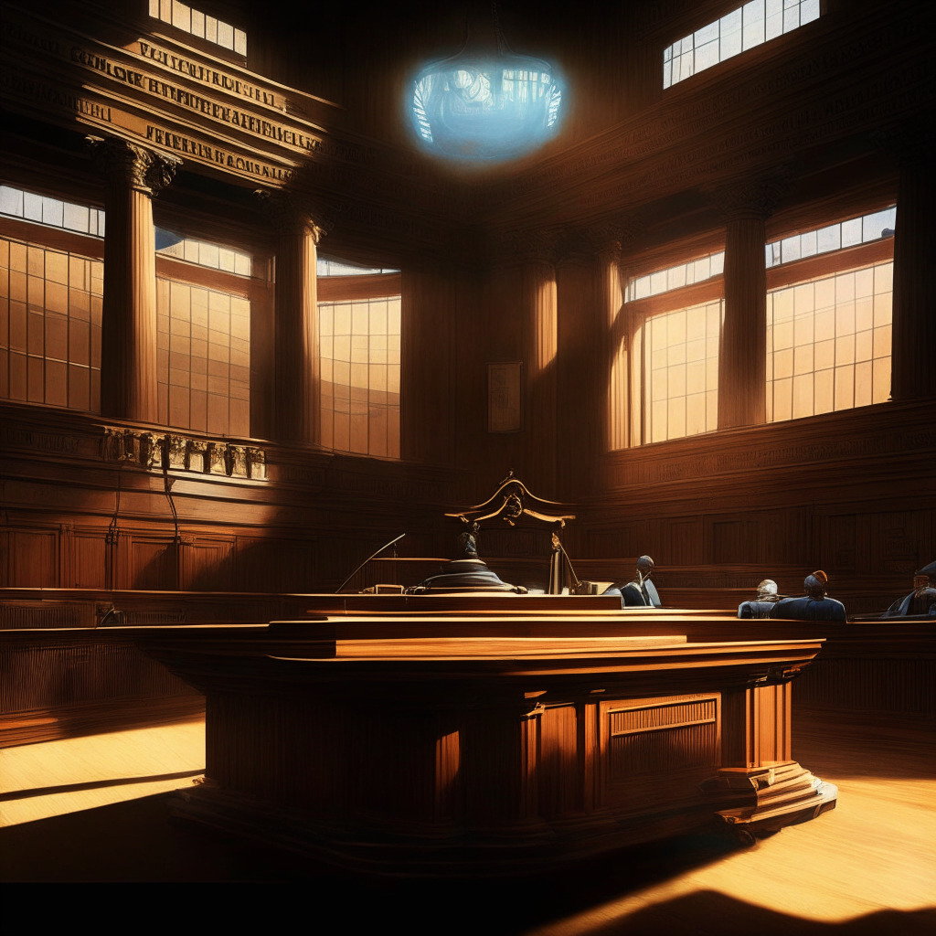 Wyoming courtroom, Federal Reserve members vs. Custodia Bank, gavel on judge's bench, digital coins, a bridge to US dollar, divides between regulation & innovation, evening light reflects tension, chiaroscuro style, ambiguous outcome, subtle hints of support from Wyoming, mood of defiance against powerful institutions.