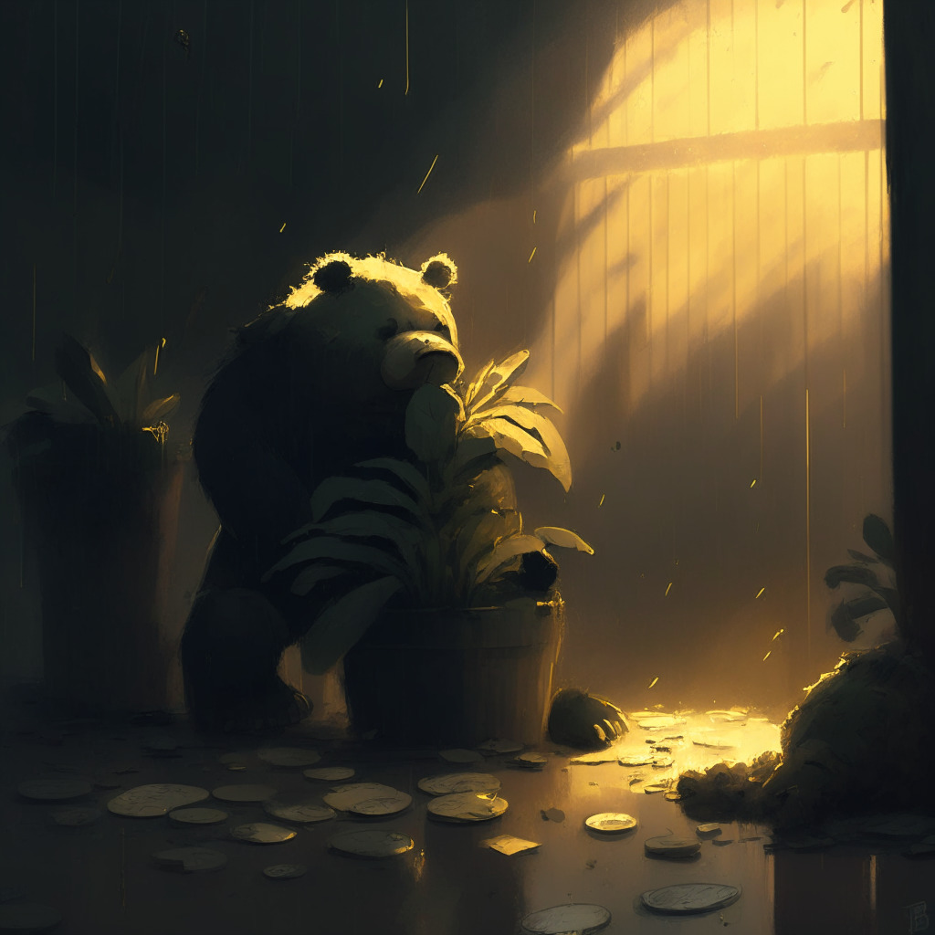 Cryptocurrency bear market scene, gloomy atmosphere, dying plant, broken piggy bank, company closure sign, adaptability gears, dark clouds, golden light rays hinting hope, muted color palette, chiaroscuro lighting, somber tone, expressive brushstrokes, the struggle between resilience and surrender.