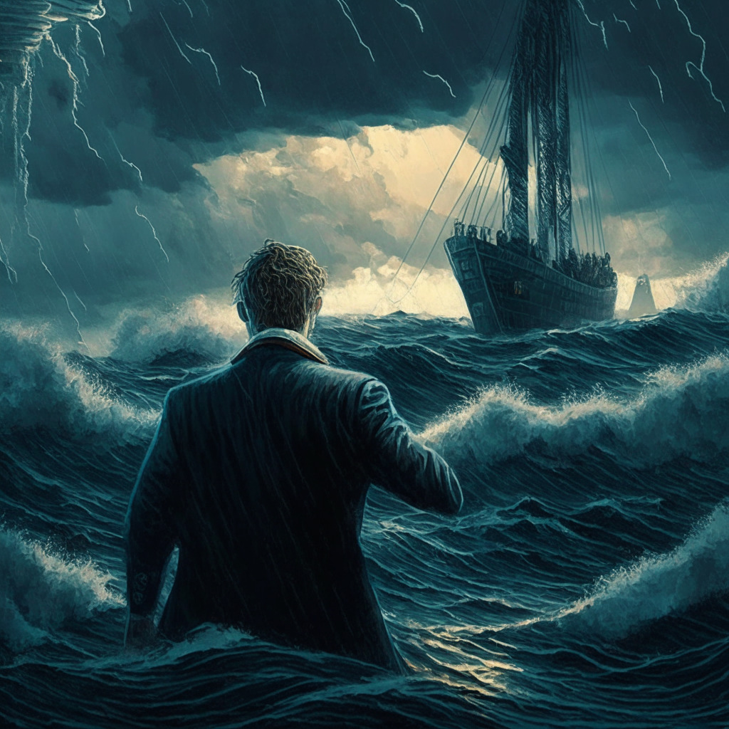 Cryptocurrency firm's downfall, somber mood with fading light, intricately detailed infrastructure, uneasy market conditions, CEO at the helm navigating stormy seas, a blend of realism and impressionism, cautiously optimistic investors, the future of blockchain industry hanging in the balance.