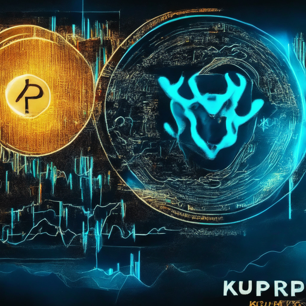 XRP bulls eye $0.76 breakout, vibrant market scene, Ripple's global expansion, Monetary Authority of Singapore license approval, cup & handle pattern, trading at $0.516, potential rally, light & optimistic mood, digital payment token solutions, energetic brushstrokes, dusk cityscape, financial innovation flourishing.